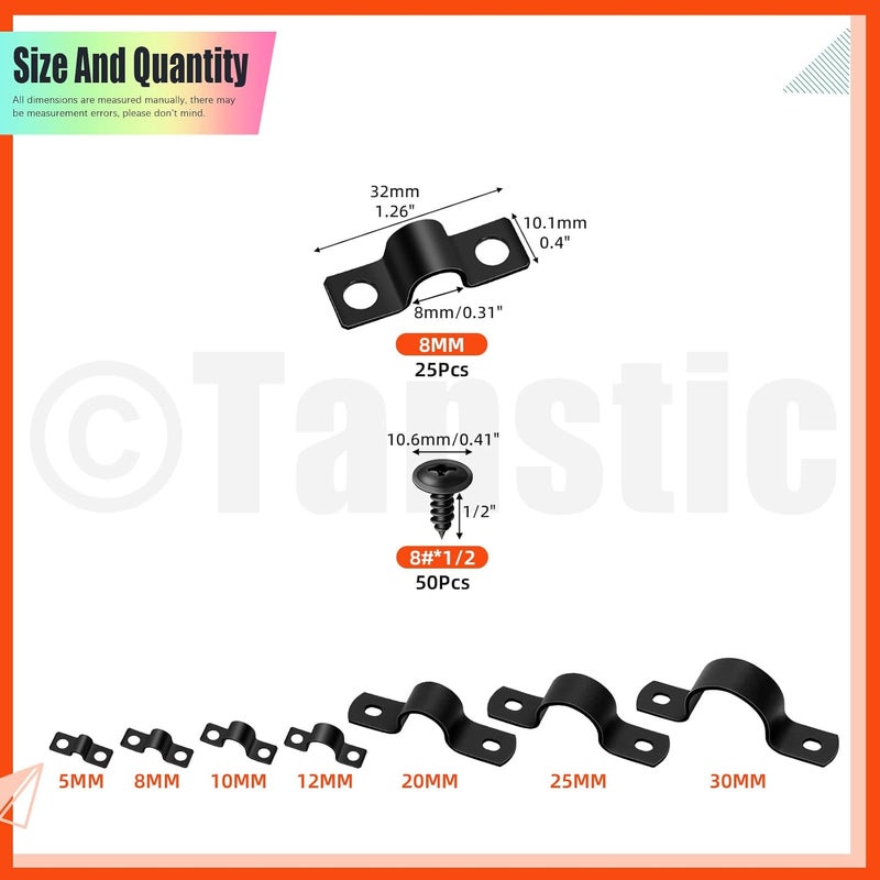 Tanstic 25Pcs Black Two Hole Pipe Strap, 5/16” Two Hole Strap U Bracket Rigid Pipe Strap Pipe Strap Clamp with Phillips Modified Truss Head Wood Screws for Fixing Pipe, Conduit, U Bracket - Image 2
